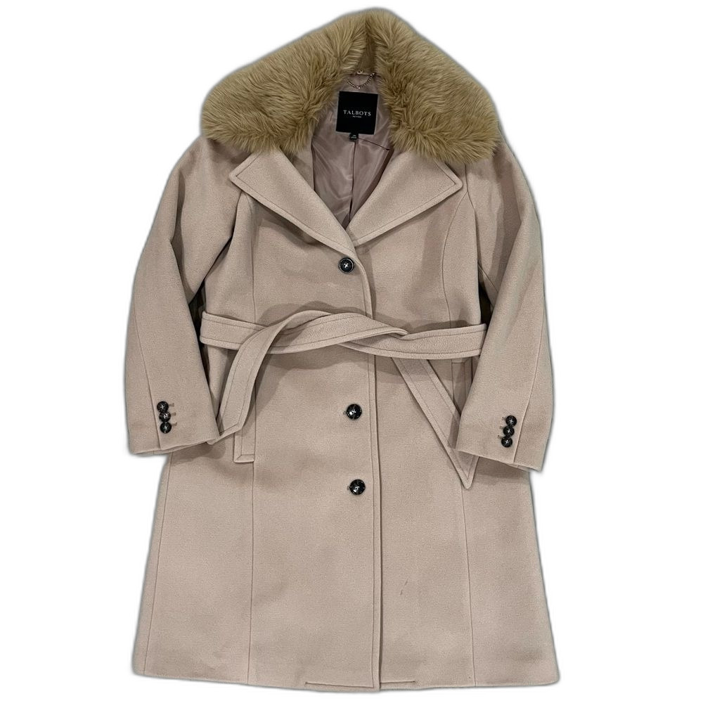 Talbots Petite Wool Blend Camel Coat Faux fur Collar Sz 14P